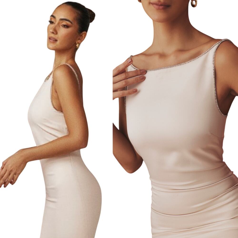 House of CB Crystal Embellished Neck Mini Dress Satin High Neckline Cream Medium